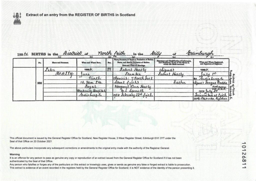 Birth of Sir Peter Heatly 1924