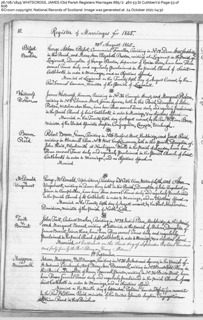 1845 Marriage of James Whitecross and Margaret Picken