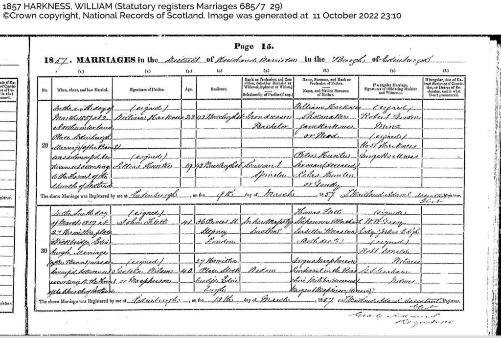 1857 Marriage of William Harkness and Lillias Hunter