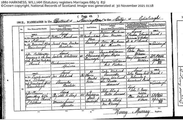 1880 Marriage of William Harkness and Isabella